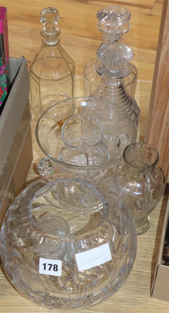 Three cut glass decanters, a vase, an ice bucket, etc